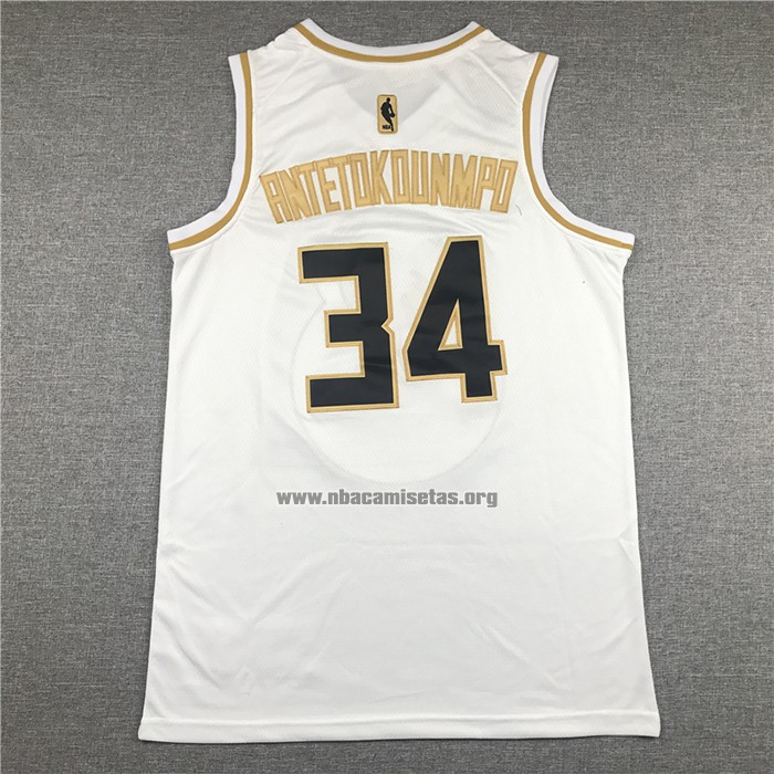 Camiseta Golden Edition Milwaukee Bucks Giannis Antetokounmpo NO 34 Blanco